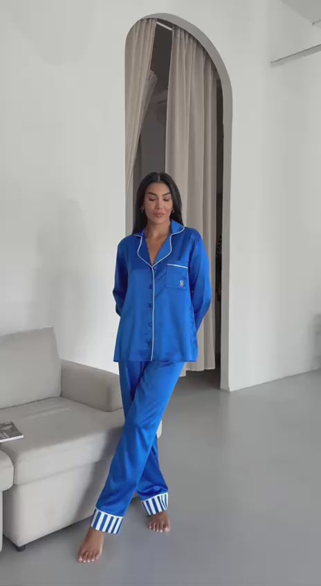 Pamuk Saten Mavi Pijama Takımı – Şık ve Rahat Ev Giyim